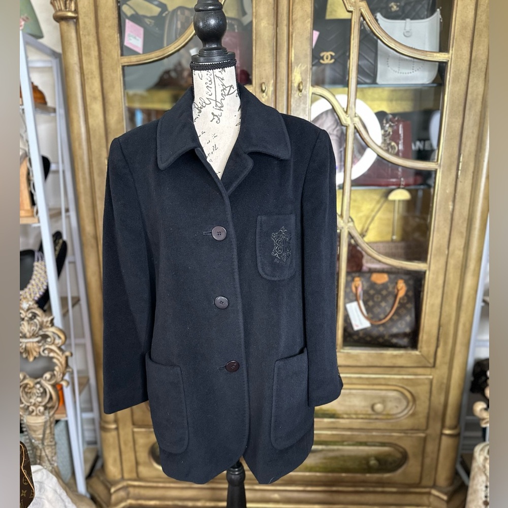 Burberry Vintage Wool Coat Black Crest Embroidered Classic Jacket Size 15